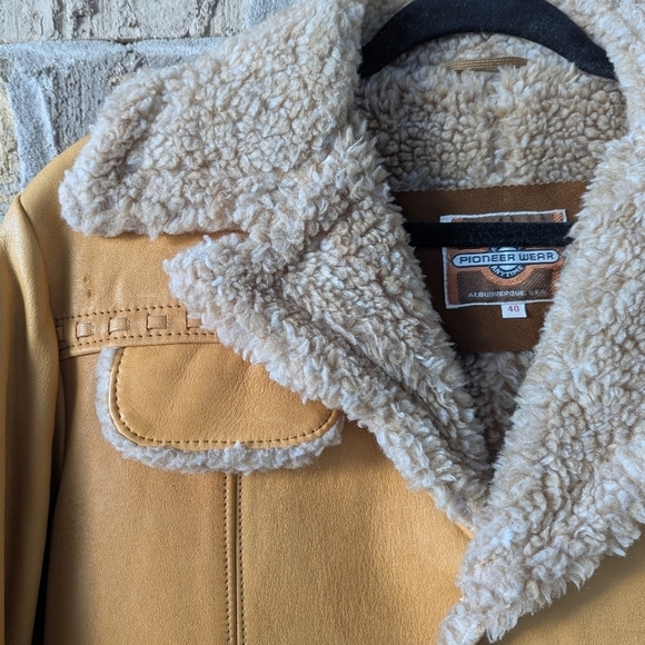VTG 70s Pioneer Wear Western Cowboy Leather Winter Jacket Shearling Lined - Picture 2 of 12